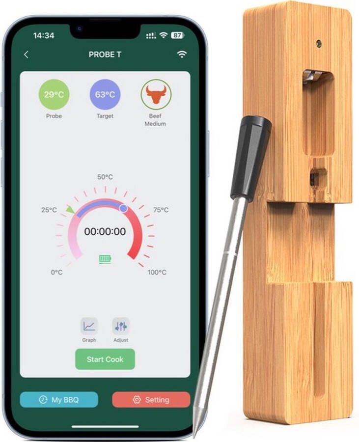 Celuxer™ Vleesthermometer Draadloos met App BBQ Thermometer met Bluetooth Oventhermometer BBQ accesoires Zwart