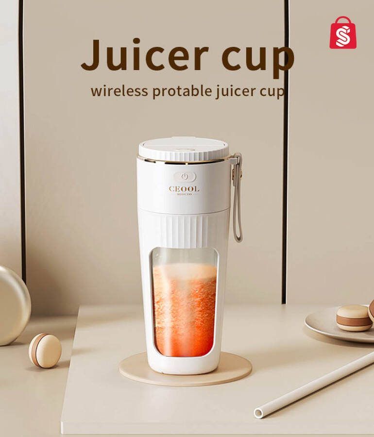 Ceool Mug 340ml Draagbare Blender – Blender To Go– Portable Blender Smoothie maker Protein Shaker Mini Blender Draadloze Blender Smoothie Maker Blender Beige