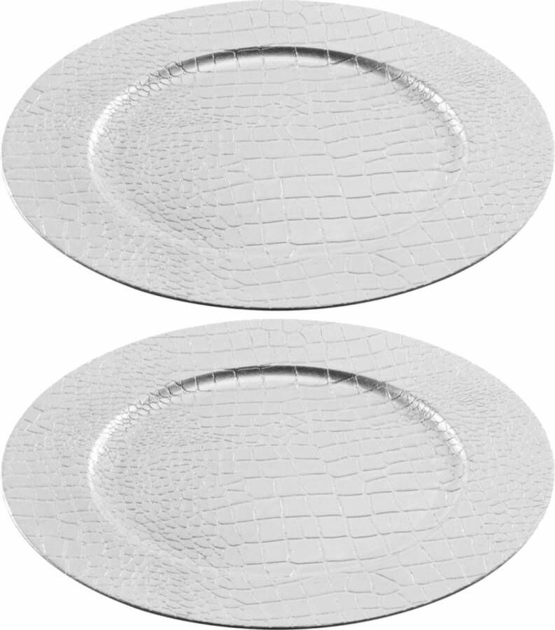 Merkloos Sans marque 2x Ronde luxe kerstdiner diner onderborden zilver lederlook 33 cm Onderbord kerstdiner onderbord kerstfeest