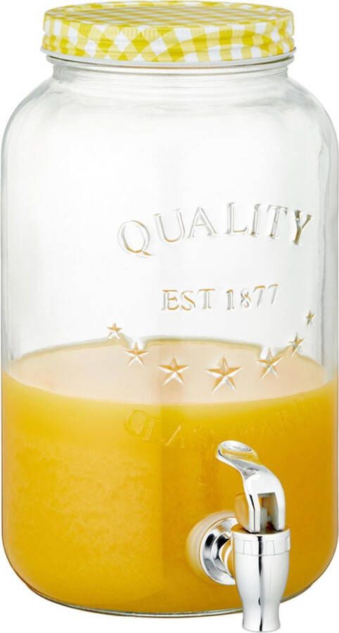 Cepewa Glazen drankdispenser limonadetap met geel wit geblokte dop 3 5 liter Drankdispensers