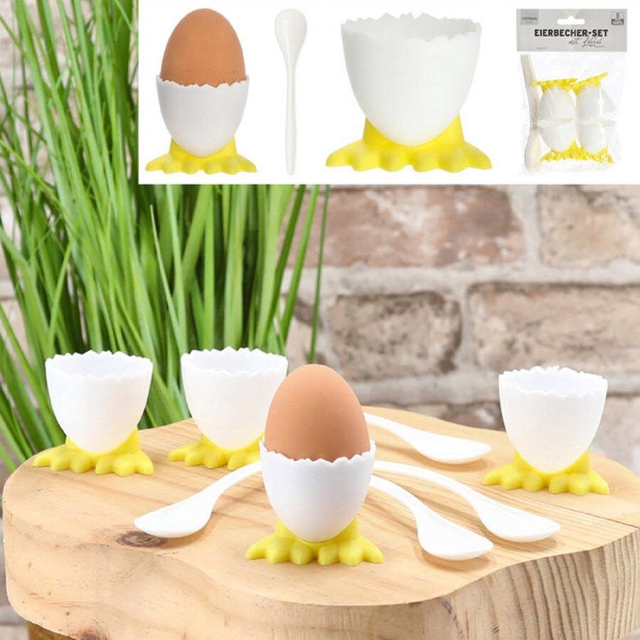 CEPEWA Home Set van 4 plastic eierdopjes en 4 lepeltjes in de vorm van een eitje met gele pootjes