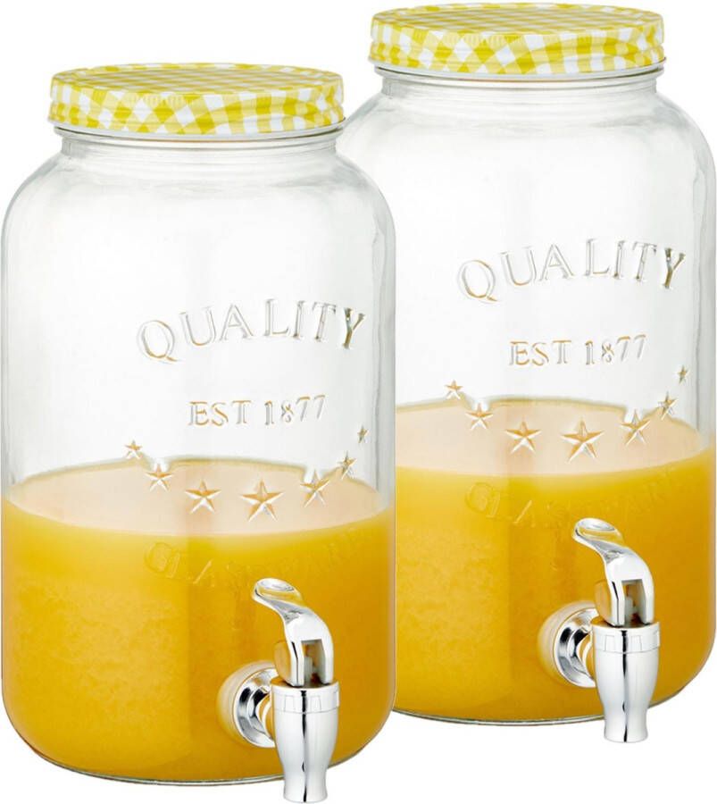 Cepewa Set van 2x stuks glazen drankdispensers limonadetap met geel wit geblokte dop 3 5 liter Drankdispensers
