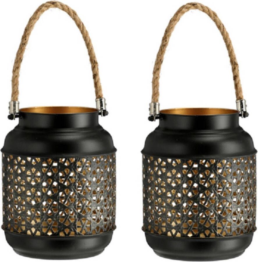 CEPEWA Set van 2x stuks metalen kaarsenhouders lantaarns zwart goud 18 cm Waxinelichtjeshouder Windlicht