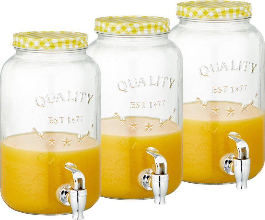 CEPEWA Set van 3x stuks glazen drankdispensers limonadetap met geel wit geblokte dop 3 5 liter Tapkraantje