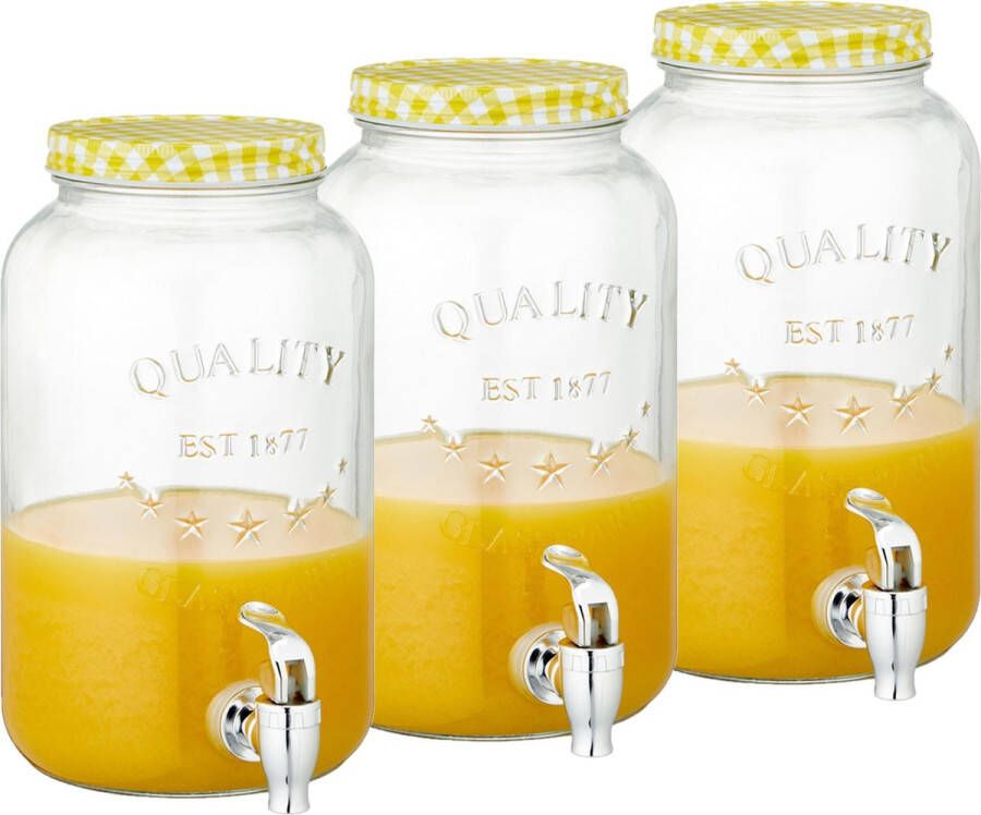 CEPEWA Set van 3x stuks glazen drankdispensers limonadetap met geel wit geblokte dop 3 5 liter Tapkraantje