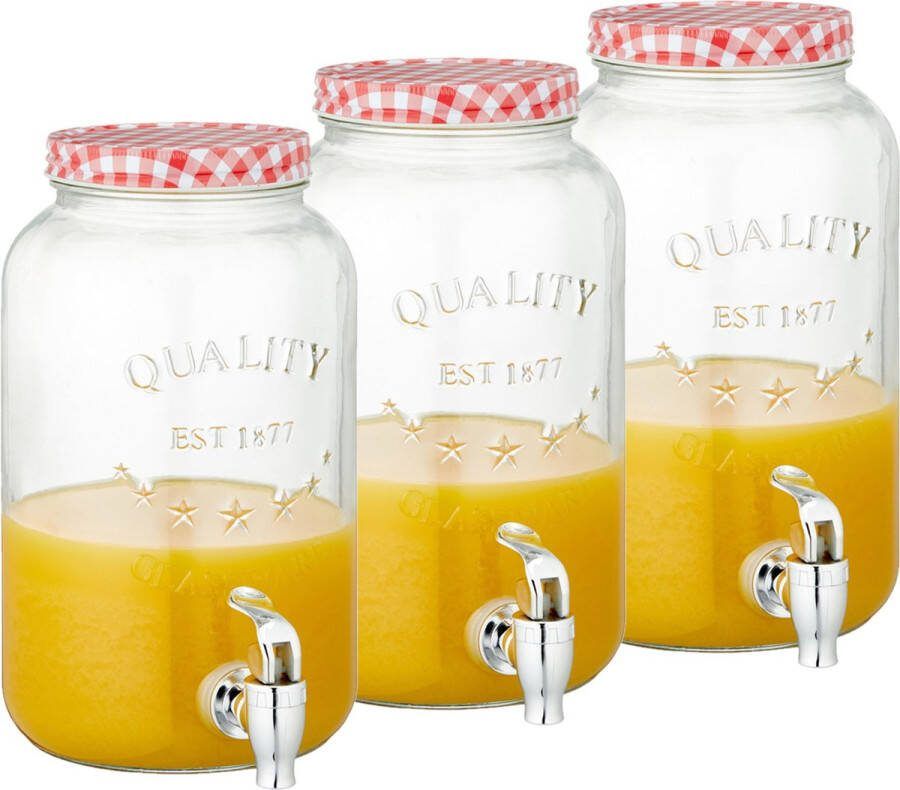 CEPEWA Set van 3x stuks glazen drankdispensers limonadetap met rood wit geblokte dop 3 5 liter Tapkraantje
