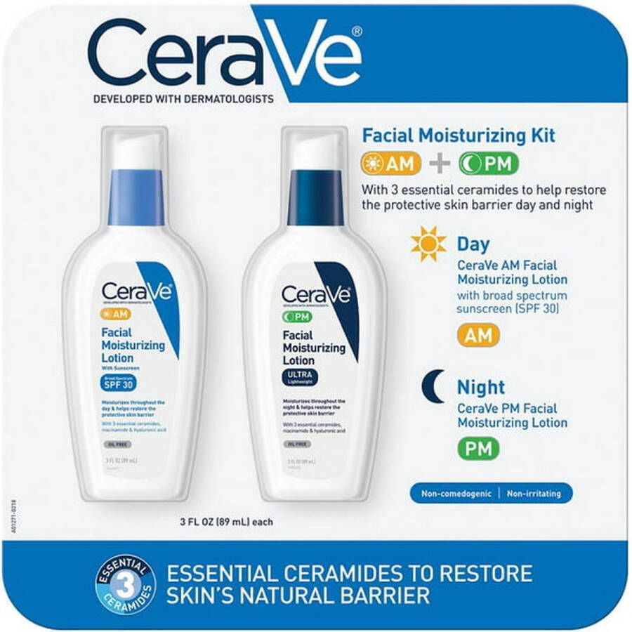 CeraVe AM Facial Hydraterende Lotion SPF 30 Gezichtscrème Zonnebrandcrème PM Hydraterende gezichtslotion Nachtcrème met hyaluronzuur en niacinamide