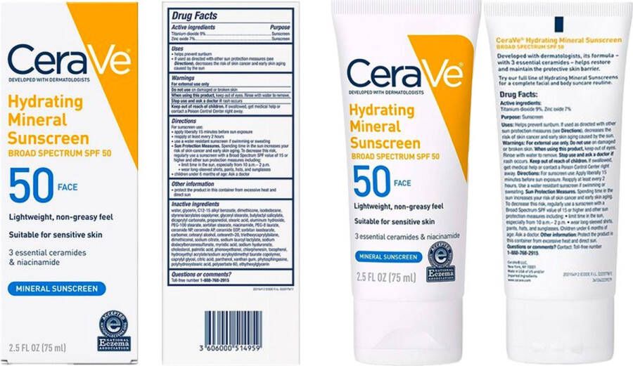 CeraVe Hydraterende minerale zonnebrandcrème SPF 50 gezichtslotion 75ml gezichtscrème
