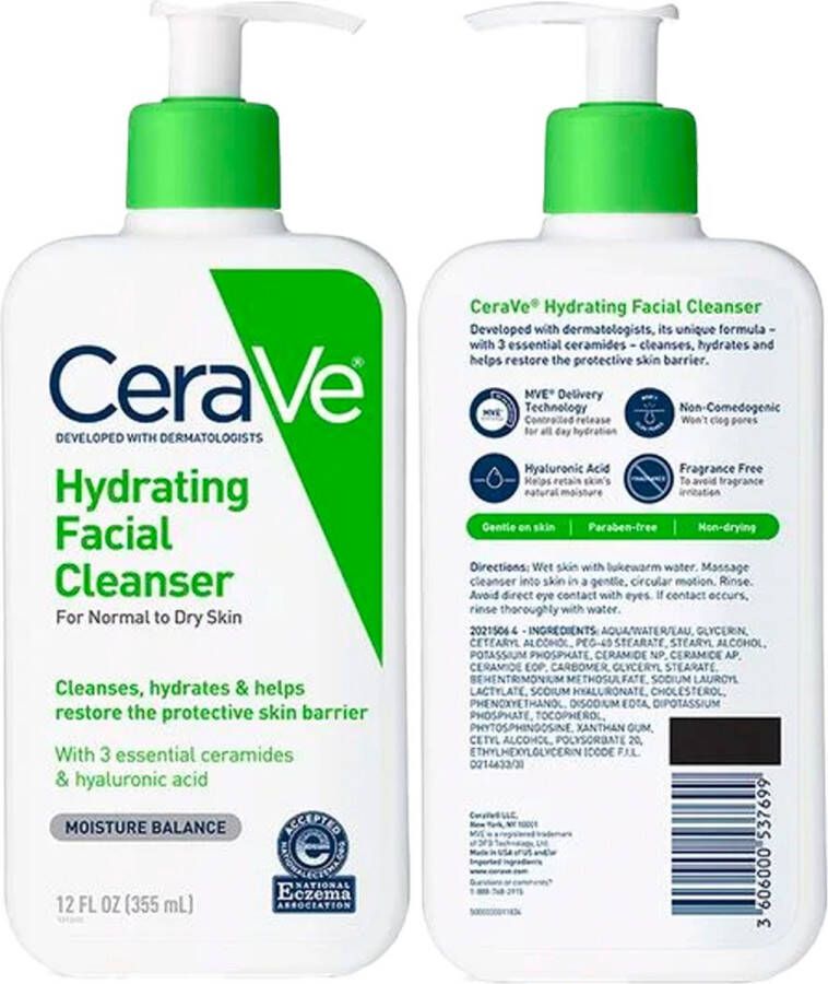 CeraVe Hydrating Facial Cleanser for Normal to Dry Skin Reinigingsmelk Gezicht Lichaam 355ml