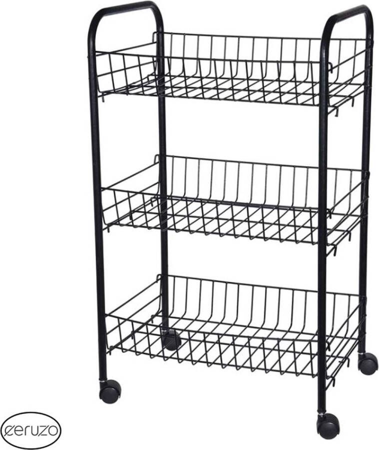 Ceruzo Keukentrolley 3 Draadmanden op Wieltjes Metaal Opbergtrolley Zwart- 36 x 27 x H63 cm