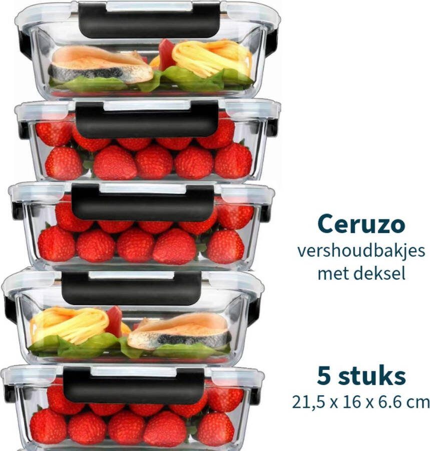 Ceruzo Meal Prep Bakjes 5 stuks Vershoudbakjes Borosilicaat Glas- Luchtdicht- 21 5 x 16 x H6 6 cm