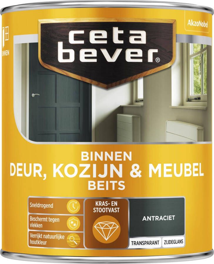 CetaBever Binnen Deur Kozijn & Meubel Beits Zijdeglans Antraciet 750 ml