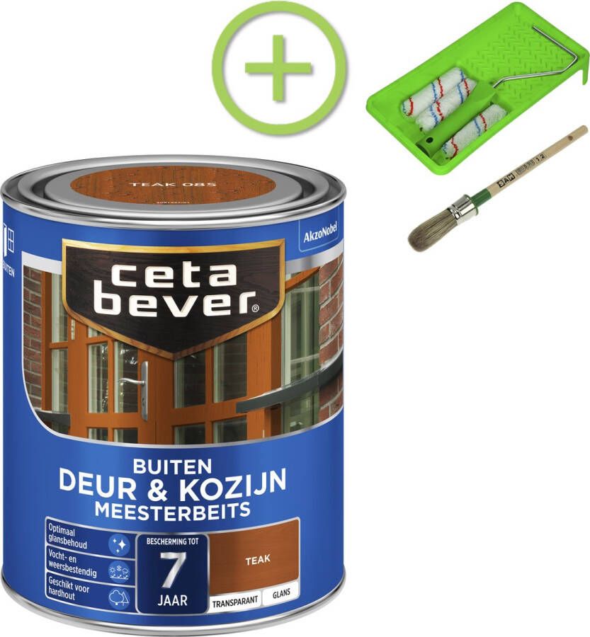 CetaBever Buiten Deur & Kozijn Meester Beits Glans Teak 750 ml Inclusief 6 delige beitsset