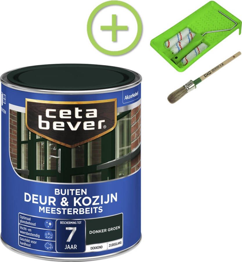 CetaBever Buiten Deur & Kozijn Meester Beits Zijdeglans Donker Groen 750 ml Inclusief 6 delige beitsset