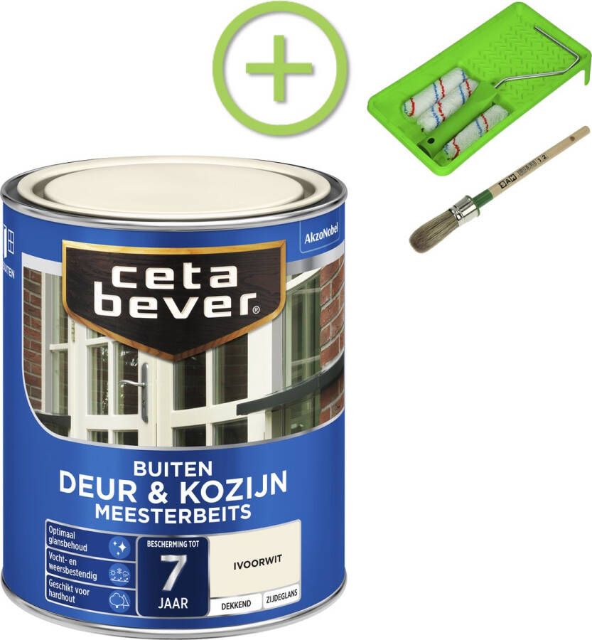 CetaBever Buiten Deur & Kozijn Meester Beits Zijdeglans Ivoorwit 750 ml Inclusief 6 delige beitsset