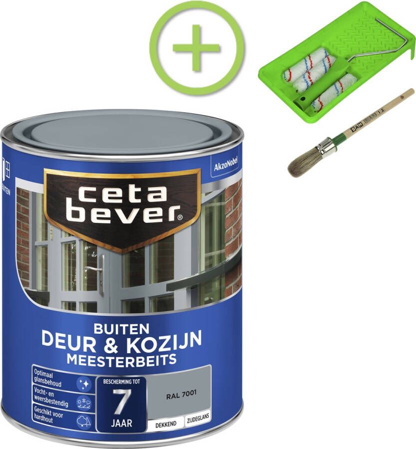 CetaBever Buiten Deur & Kozijn Meester Beits Zijdeglans RAL 7001 750 ml Inclusief 6 delige beitsset