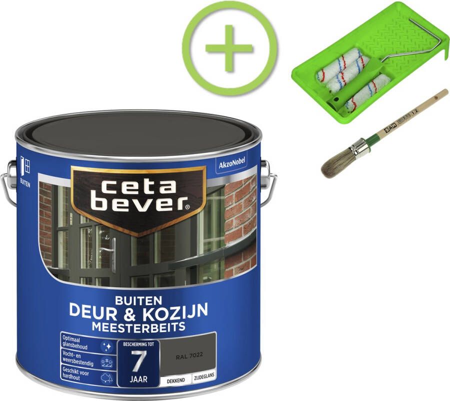 CetaBever Buiten Deur & Kozijn Meester Beits Zijdeglans Ral 7022 2 5 liter Inclusief 6 delige beitsset