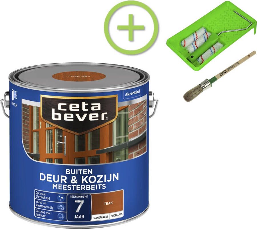 CetaBever Buiten Deur & Kozijn Meester Beits Zijdeglans Teak 2 5 liter Inclusief 6 delige beitsset