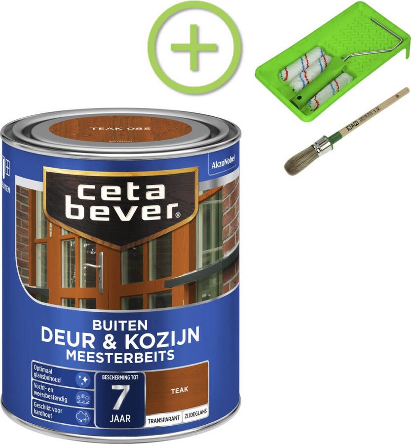 CetaBever Buiten Deur & Kozijn Meester Beits Zijdeglans Teak 750 ml Inclusief 6 delige beitsset