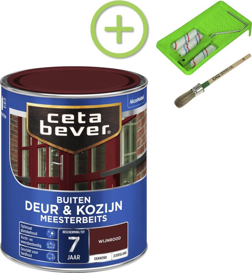 CetaBever Buiten Deur & Kozijn Meester Beits Zijdeglans Wijnrood 750 ml Inclusief 6 delige beitsset