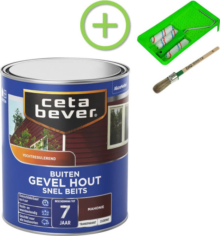 CetaBever Buiten Gevel & Kozijn Snel Beits Zijdemat Mahonie 750 ml Inclusief 6 delige beitsset