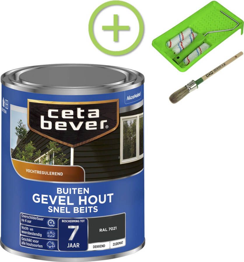 CetaBever Buiten Gevel & Kozijn Snel Beits Zijdemat RAL 7021 750 ml Inclusief 6 delige beitsset