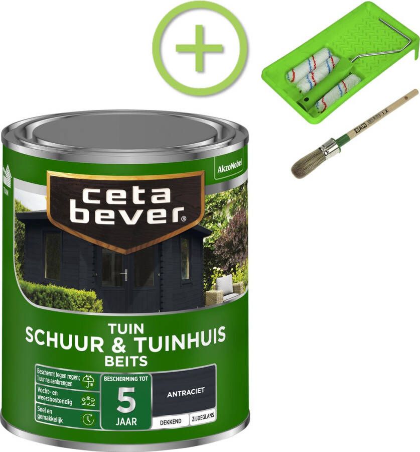 CetaBever Schuur & Tuinhuis Beits Zijdeglans Antraciet 750 ml Inclusief 6 delige beitsset