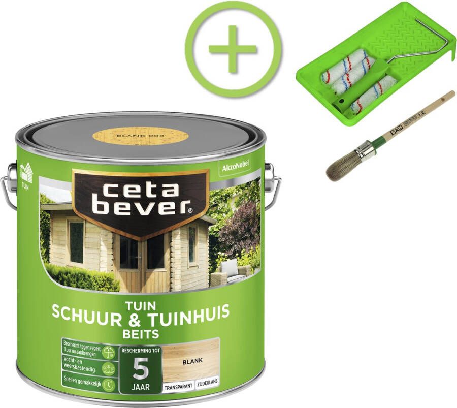 CetaBever Schuur & Tuinhuis Beits Zijdeglans Blank 2 5 liter Inclusief 6 delige beitsset