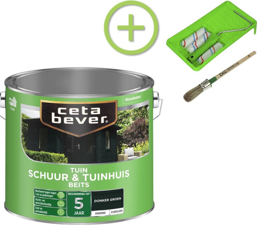 CetaBever Schuur & Tuinhuis Beits Zijdeglans Donker Groen 2 5 liter Inclusief 6 delige beitsset