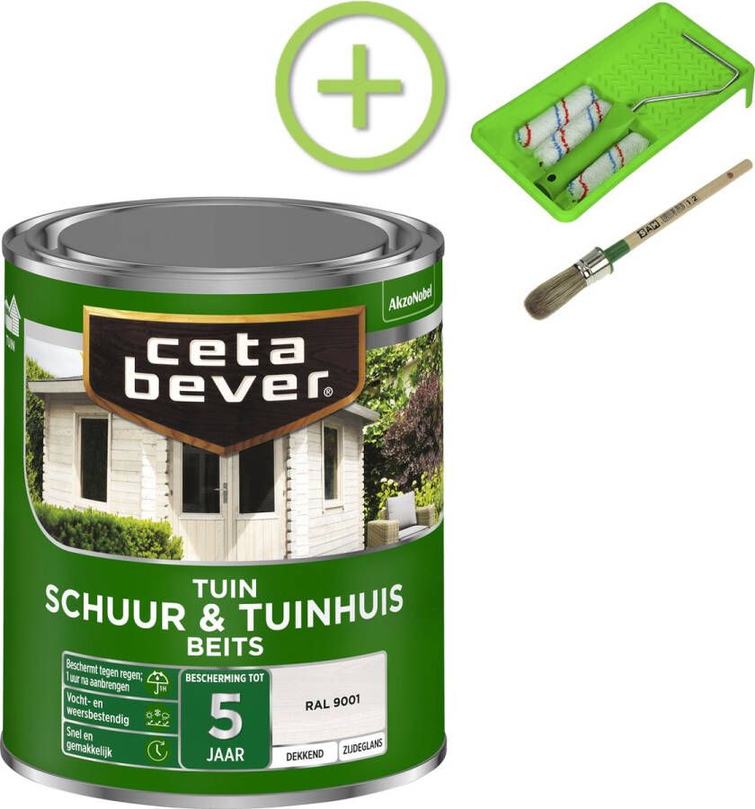 CetaBever Schuur & Tuinhuis Beits Zijdeglans RAL9001 750 ml Inclusief 6 delige beitsset