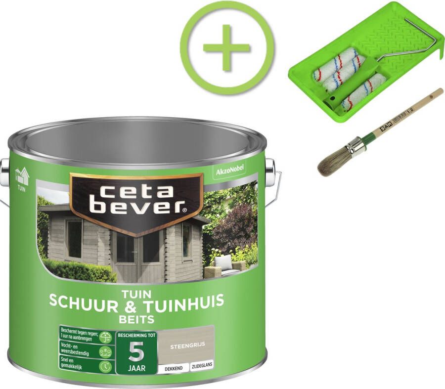 CetaBever Schuur & Tuinhuis Beits Zijdeglans Steengrijs 2 5 liter Inclusief 6 delige beitsset