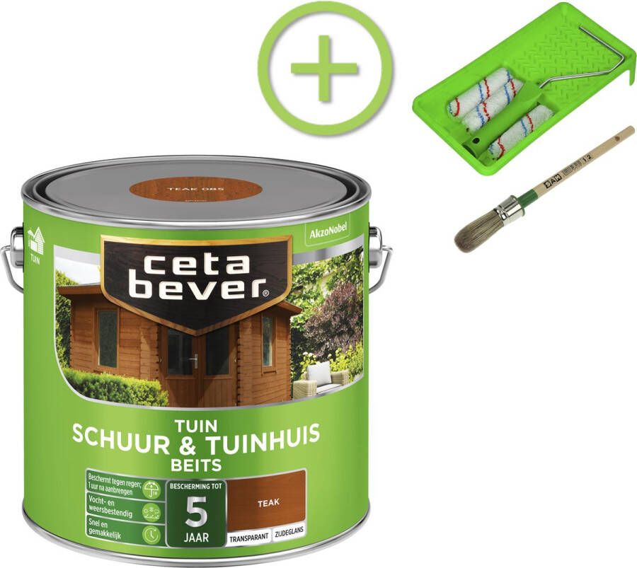 CetaBever Schuur & Tuinhuis Beits Zijdeglans Teak 2 5 liter Inclusief 6 delige beitsset