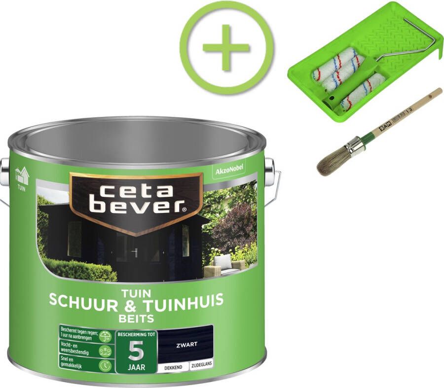 CetaBever Schuur & Tuinhuis Beits Zijdeglans Zwart 2 5 liter Inclusief 6 delige beitsset