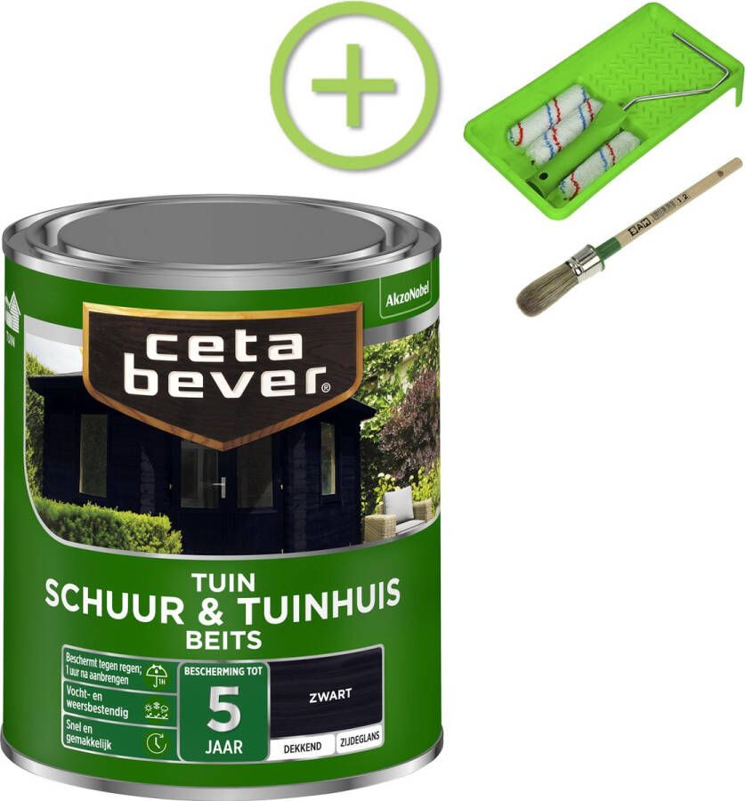 CetaBever Schuur & Tuinhuis Beits Zijdeglans Zwart 750 ml Inclusief 6 delige beitsset