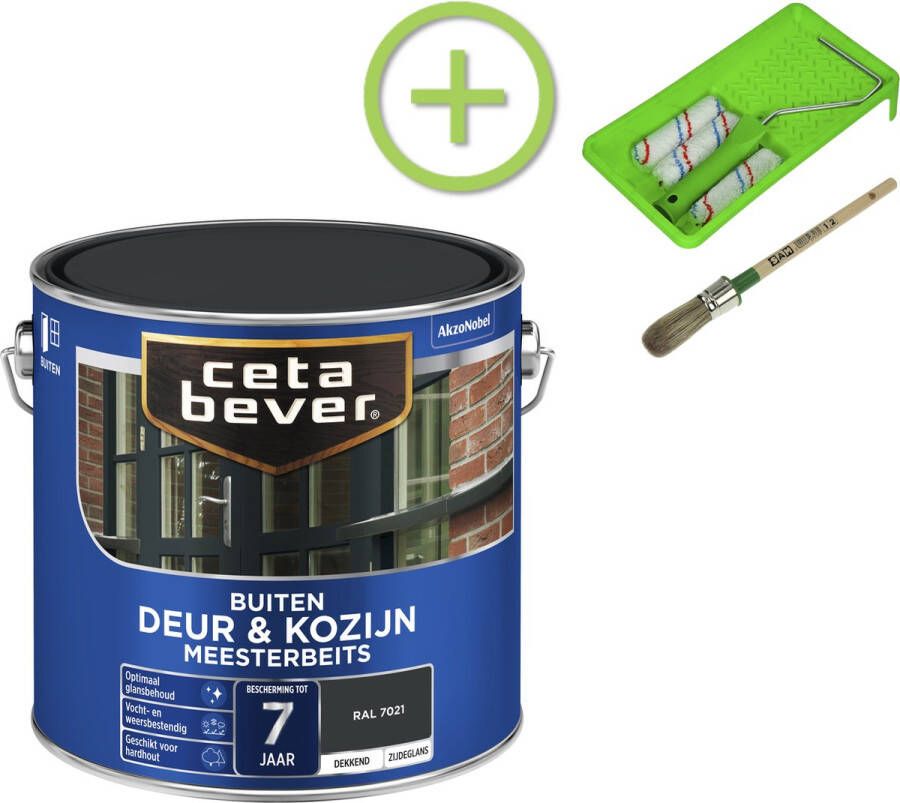 CetaBever Tuin Deur & Kozijn Meester Beits Zijdeglans RAL 7021 2 5 liter Inclusief 6 delige beitsset