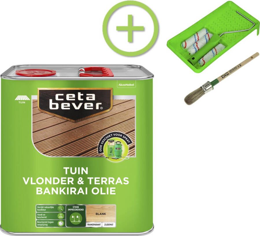 CetaBever Tuin Vlonder & Terras Bankirai Olie Transparant- Blank 2 5 liter Inclusief 6 delige beitsset