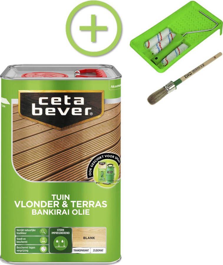 CetaBever Tuin Vlonder & Terras Bankirai Olie Transparant Blank 4 liter Inclusief 6 delige beitsset