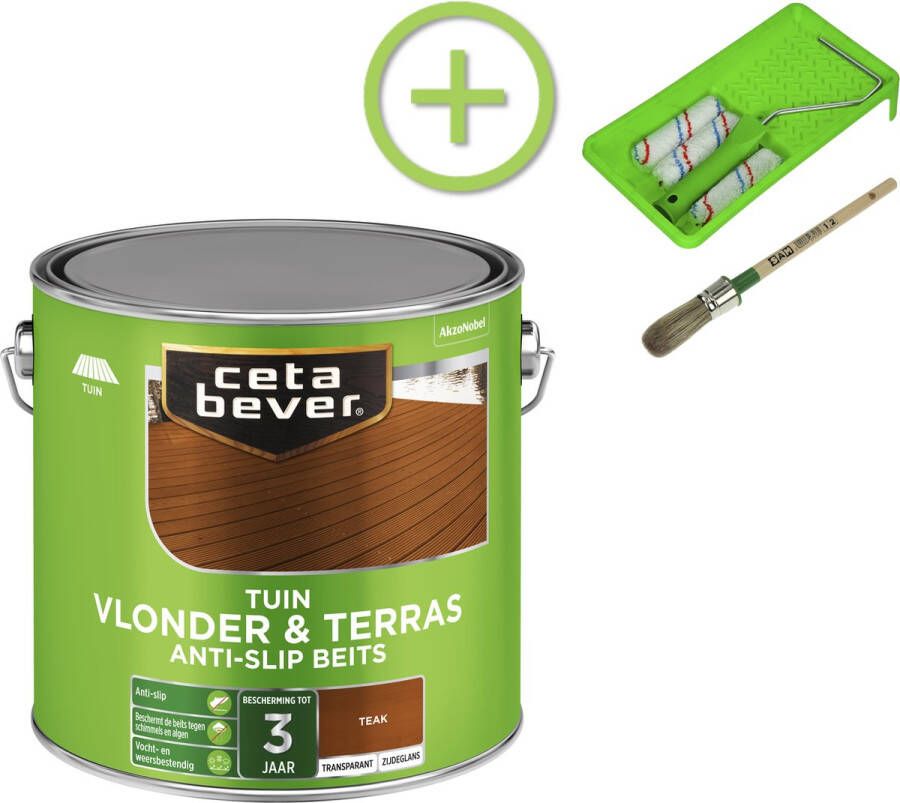 CetaBever Tuin Vlonder & Terras Beits Anti slip Teak 2 5 liter Inclusief 6 delige beitsset