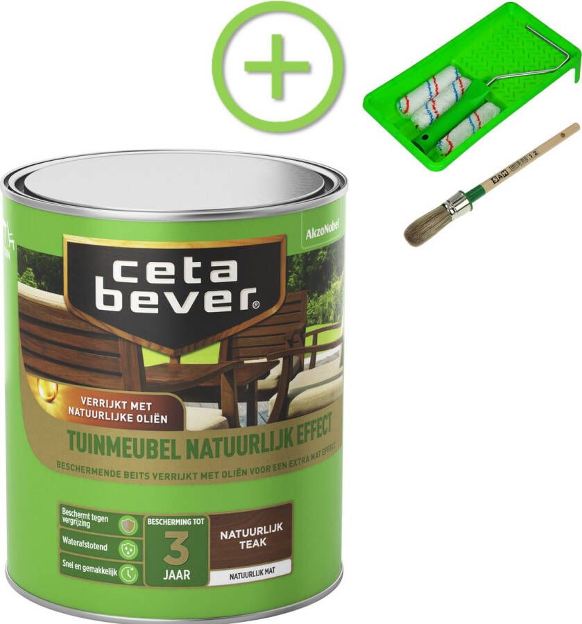 CetaBever Tuinmeubel Beits Natuurlijk Effect Teak 750 ml Inclusief 6 delige beitsset