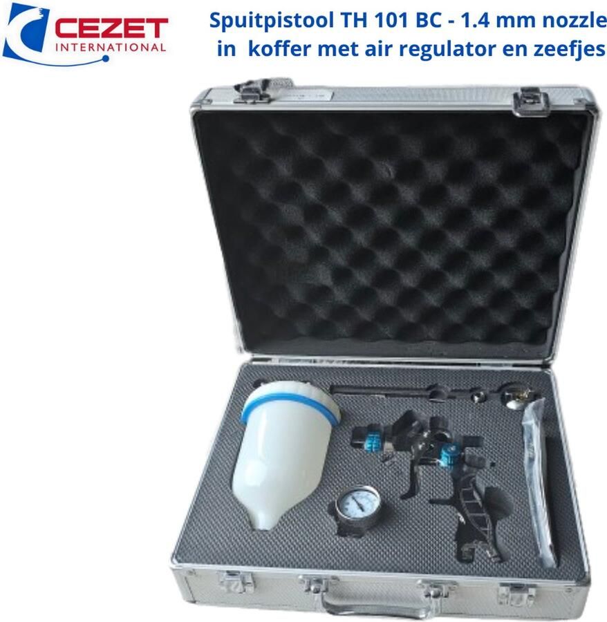 CEZET TH101BC spuitpistool verfspuit spraygun HVLP in koffer met air regulator en zeefjes nozzle 1.4 mm spuiten auto caravan enz
