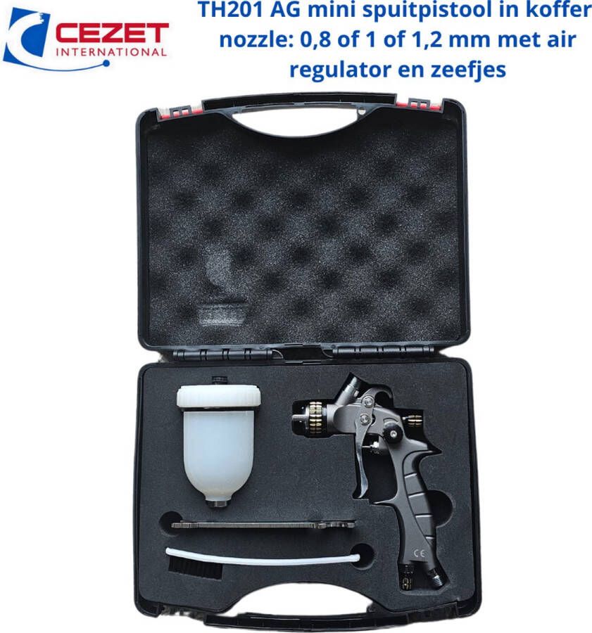 CEZET TH201AG mini spuitpistool verfspuit spraygun HVLP in koffer inclusief air regulator en zeefjes nozzle: 1 0 mm