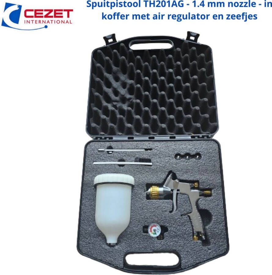 CEZET TH201AG spuitpistool verfspuit -spraygun HVLP met 1.4 mm nozzle kofferset met air regulator en zeefjes spuiten auto's caravans enz