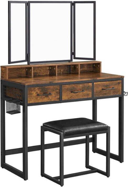 CGPN kaptafel Dressing Table met 3-delige klapspiegel Haardroger Houder make up tafel met gestoffeerde kruk 3 lades vintage bruin-zwart RVT004B01