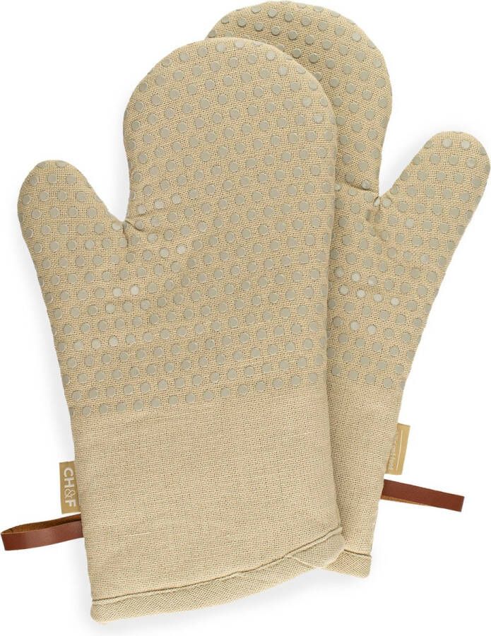 CH&F Ovenwanten 2 stuks 100% katoen Siliconen Dots Canyon Ovenhandschoenen Beige 18x33cm