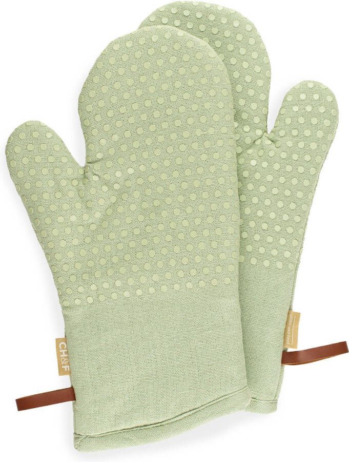 CH&F Ovenwanten 2 stuks 100% katoen Siliconen Dots Celadon Ovenhandschoenen Groen 18x33cm