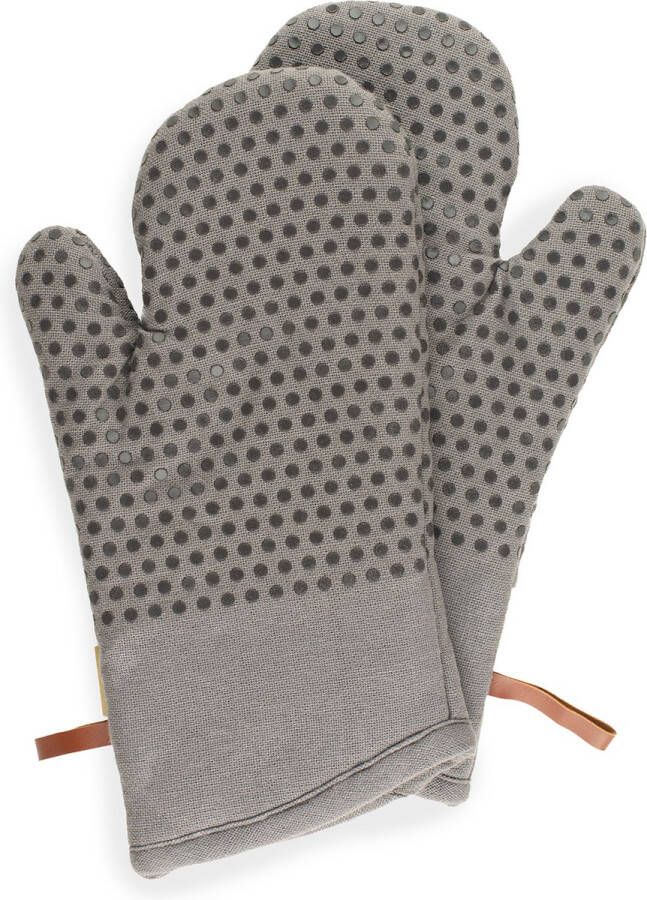 CH&F Ovenwanten 2 stuks 100% katoen Siliconen Dots Graphite Ovenhandschoenen Grijs 18x33cm
