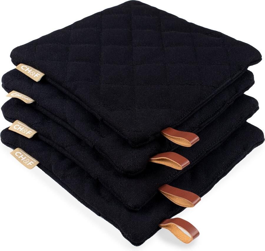 CH&F Pannenlap met Pocket 4 stuks 100% katoen BBQ Cumin Pannenlappen Zwart 20x20 cm