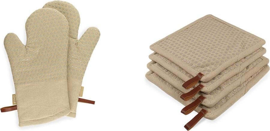 CH&F silicon dots Canyon set van 6 stuks 2 ovenwanten en 4 pannenlappen beige 100% katoen met siliconen dots