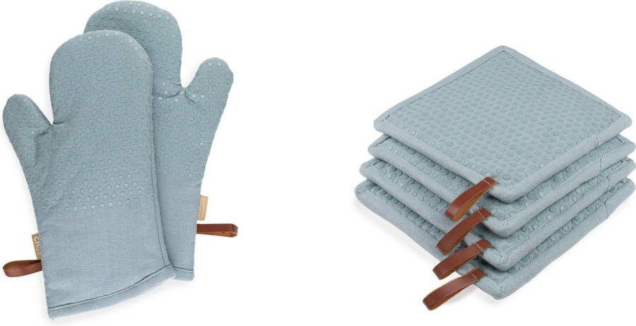 CH&F silicon dots Dove set van 6 stuks 2 ovenwanten en 4 pannenlappen blauw 100% katoen met siliconen dots