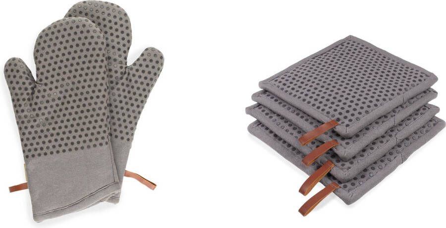 CH&F silicon dots Graphite set van 6 stuks 2 ovenwanten en 4 pannenlappen grijs 100% katoen met siliconen dots